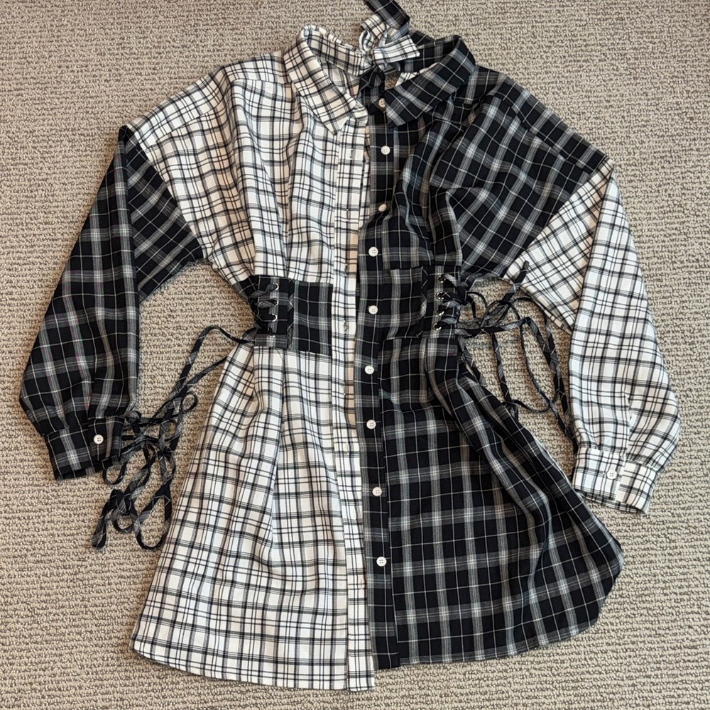 Plaid Black and White Color Block Dress Small